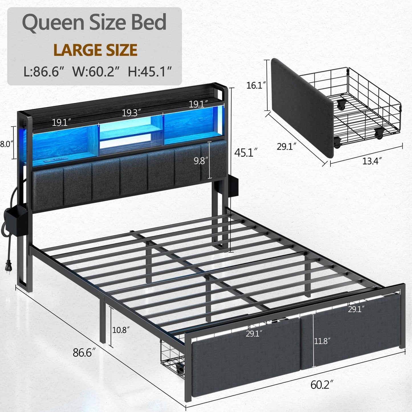 Hexmn Queen Size Bedroom Furniture Sets with Upholstered Storage Headboard & Outlets, LED Lights Standard Bed con Cajones, Niose Free