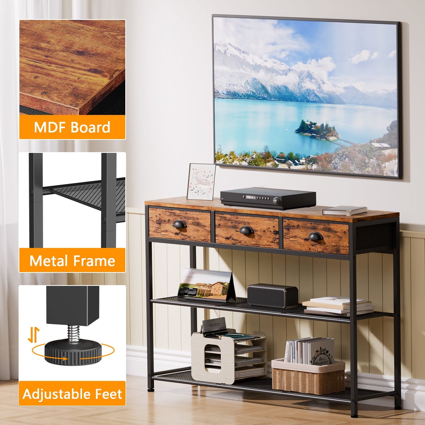 Satifur 38 Inch Extra Long Entryway Table with Upgraded Fabric Drawers Console Table Metal Frame Sofa Table with Bottom Shelf for Living Room and Hallway