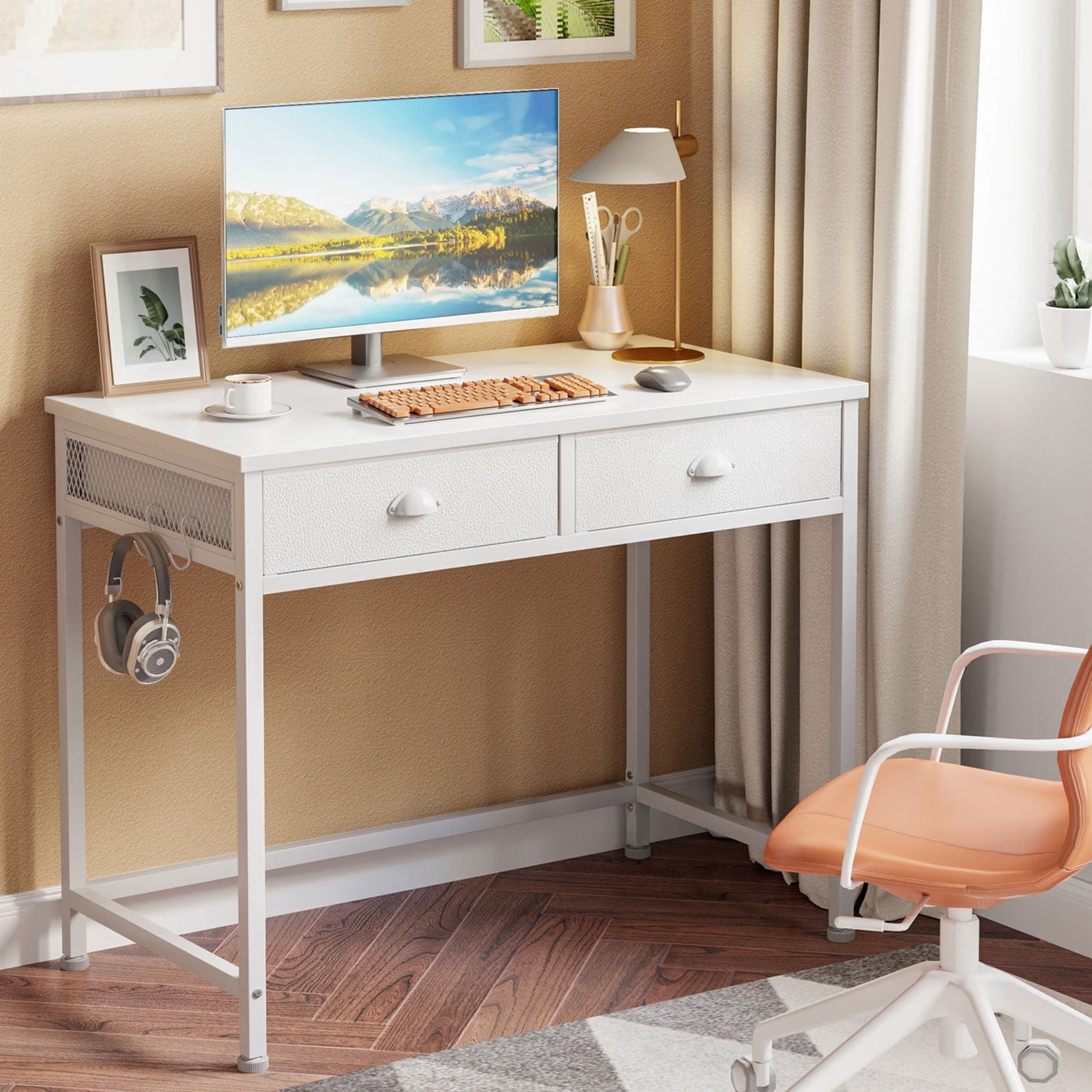 Furologee Computer Desk with 2 Fabric Drawers, Home Office Writing Desk, Vanity Desk with Hooks, Study Desk for Small Spaces, Makeup Dressing Table, White