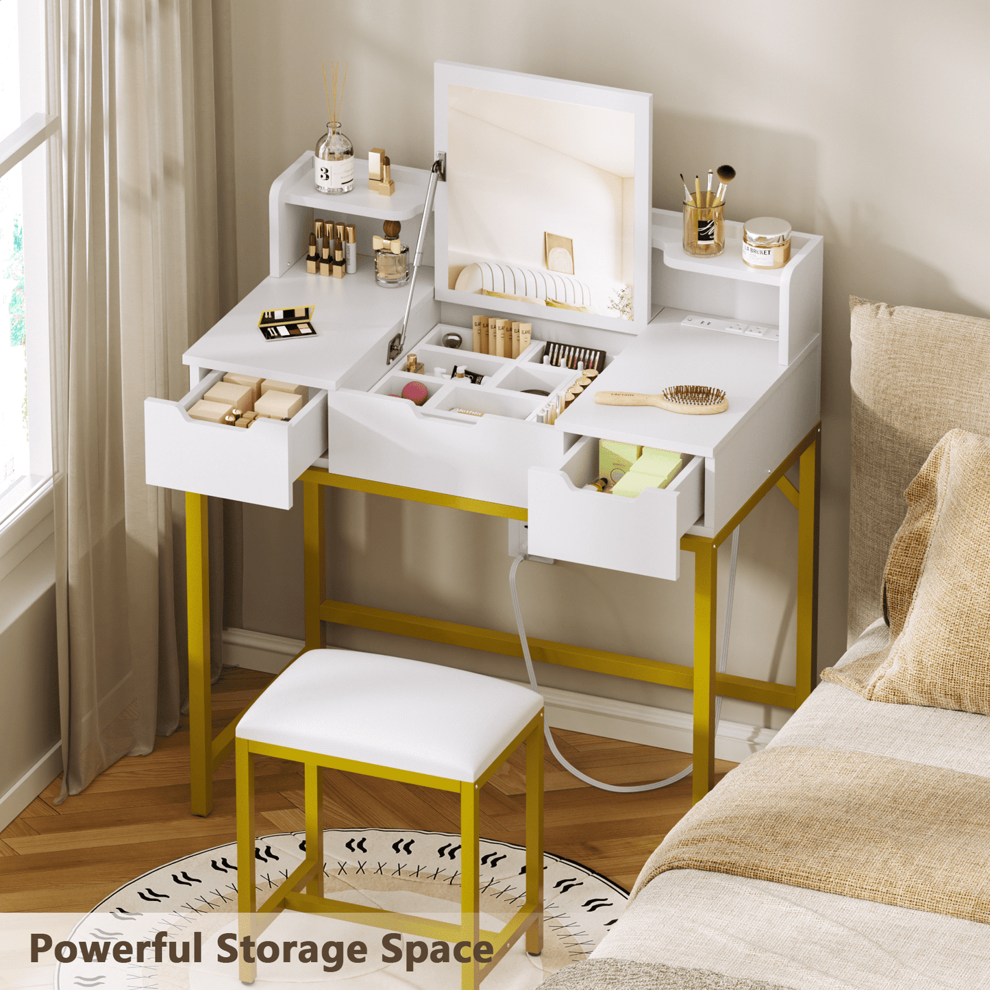 Hexmn makeup vanities Set with Flip-Top Mirror, white dressing tables with Built-in Power Outlets for bathroom bedroom