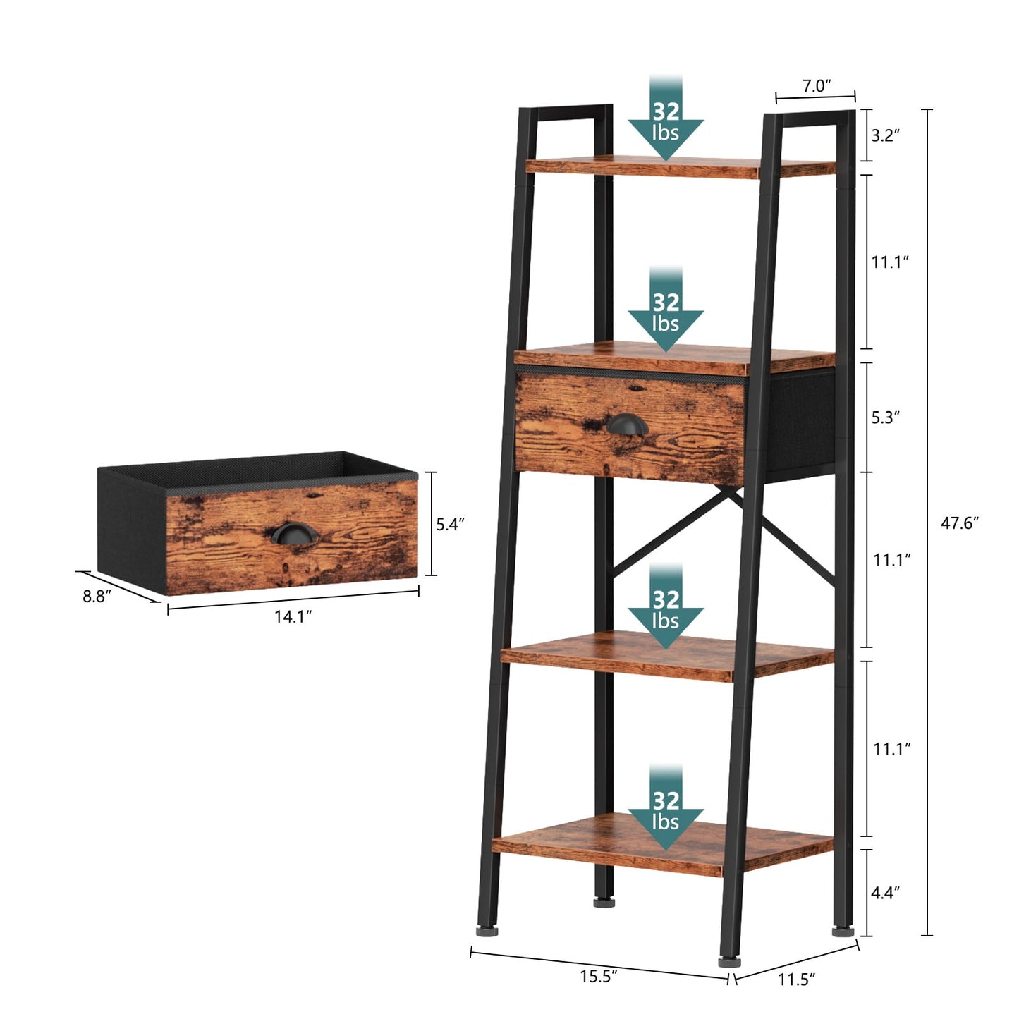 Tydimor 4-Tier 47.6"H Ladder Bookshelf with Removable Drawers Narrow Bookcase for Living Room,Rustic Brown
