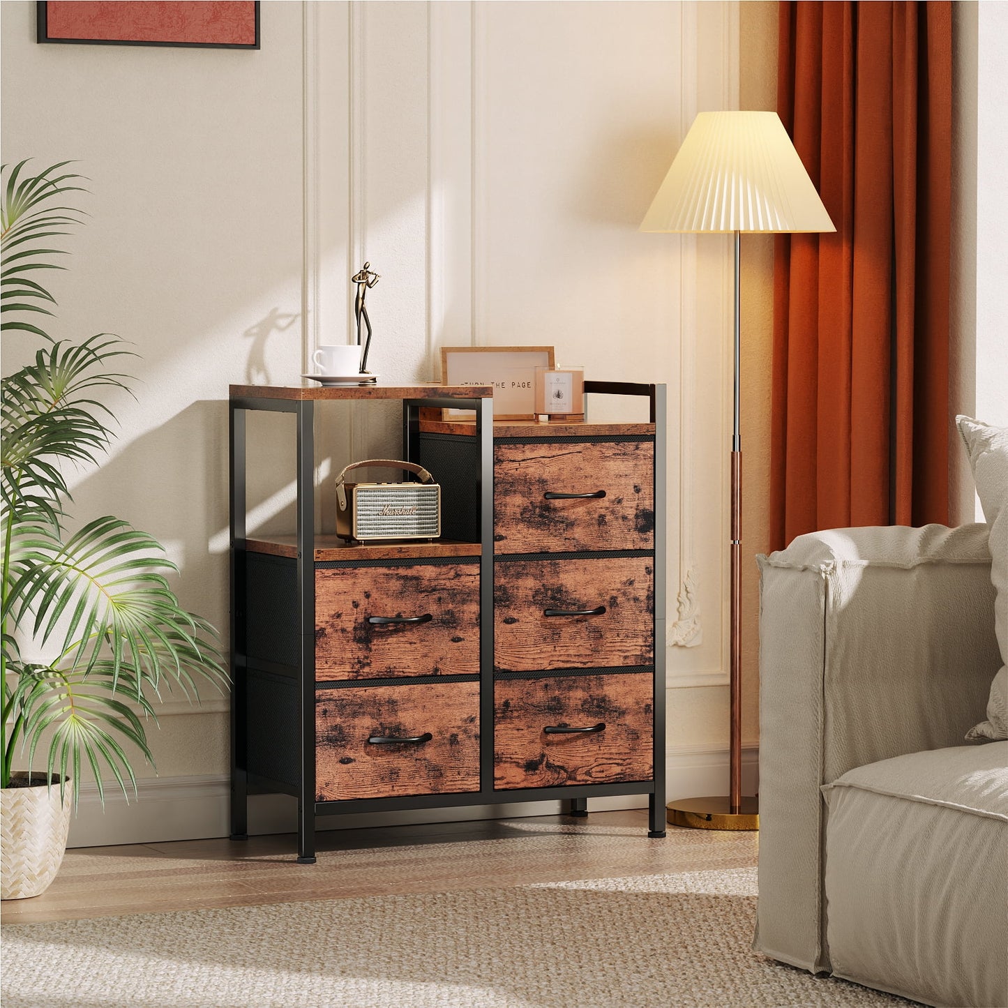 TYDIMOR 5 Drawer Fabric Dresser for Bedroom, Rustic Brown Chest for Closet & Living Room, Ideal for Adults