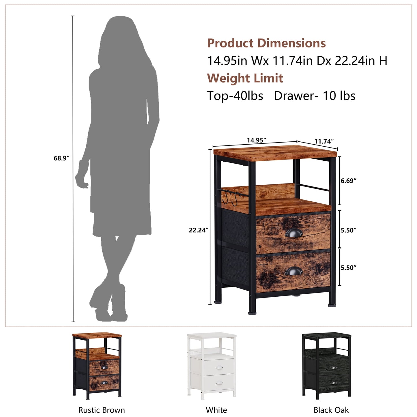 Satifur Nightstand with 2 Fabric Drawers & Shelf, Bedside End Table for Bedroom, Rustic Brown