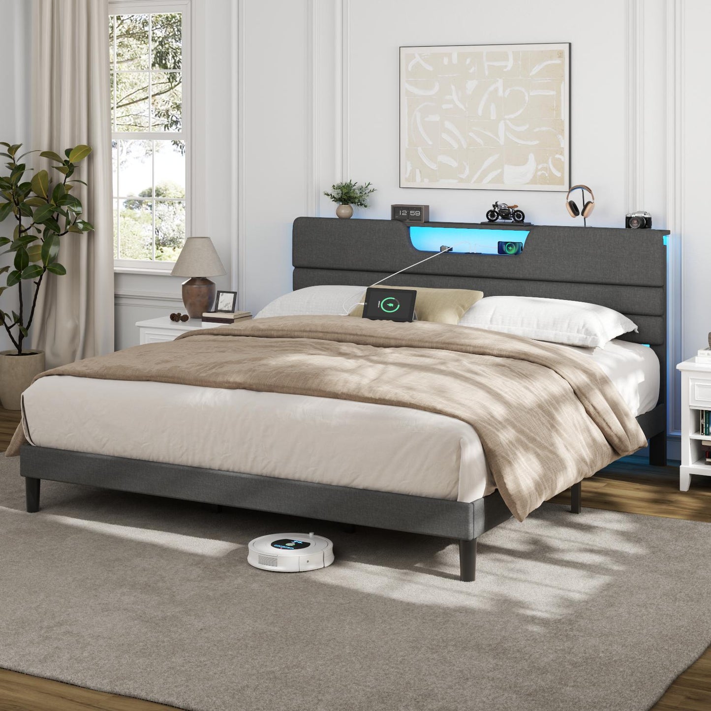 Satifur Dark Gray Bed Frame with Charge Station, King Size Bed Frame with LED Lights & Upholstered Headboard, No Box Spring Needed, Linen Fabric