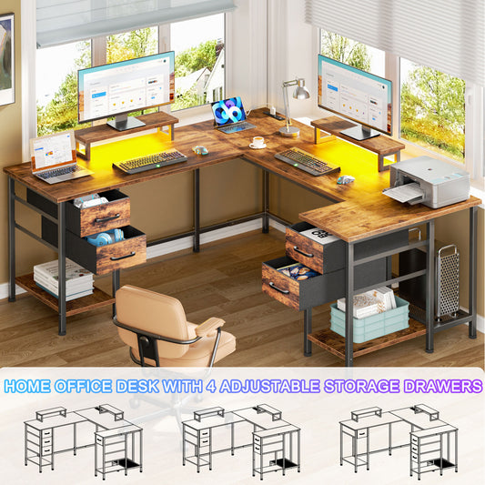 Satifur Computer Desk with Power Outlet & LED Light, Home Office Writting Desk for 2 Person 93" with Drawers & Monitor Stands, Rustic