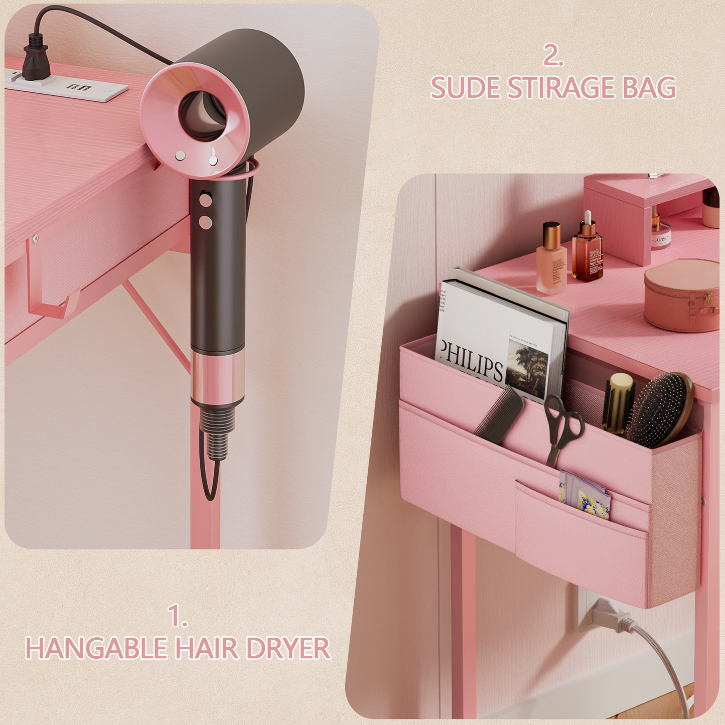 Satifur Vanity Desk with Mirror & Lights, GRWM Vanity with Drawers & Storage Shelves, Makeup Dressing Table with Stool & Charging, Pink