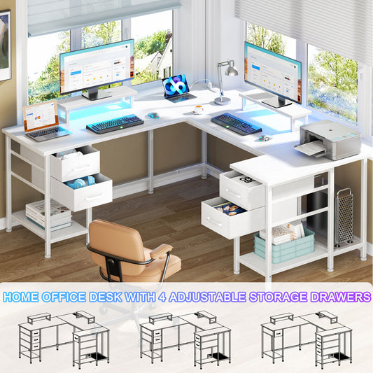 Satifur Computer Desk with Power Outlet & LED Light, Home Office Writting Desk for 2 Person 93" with Drawers & Monitor Stands, White