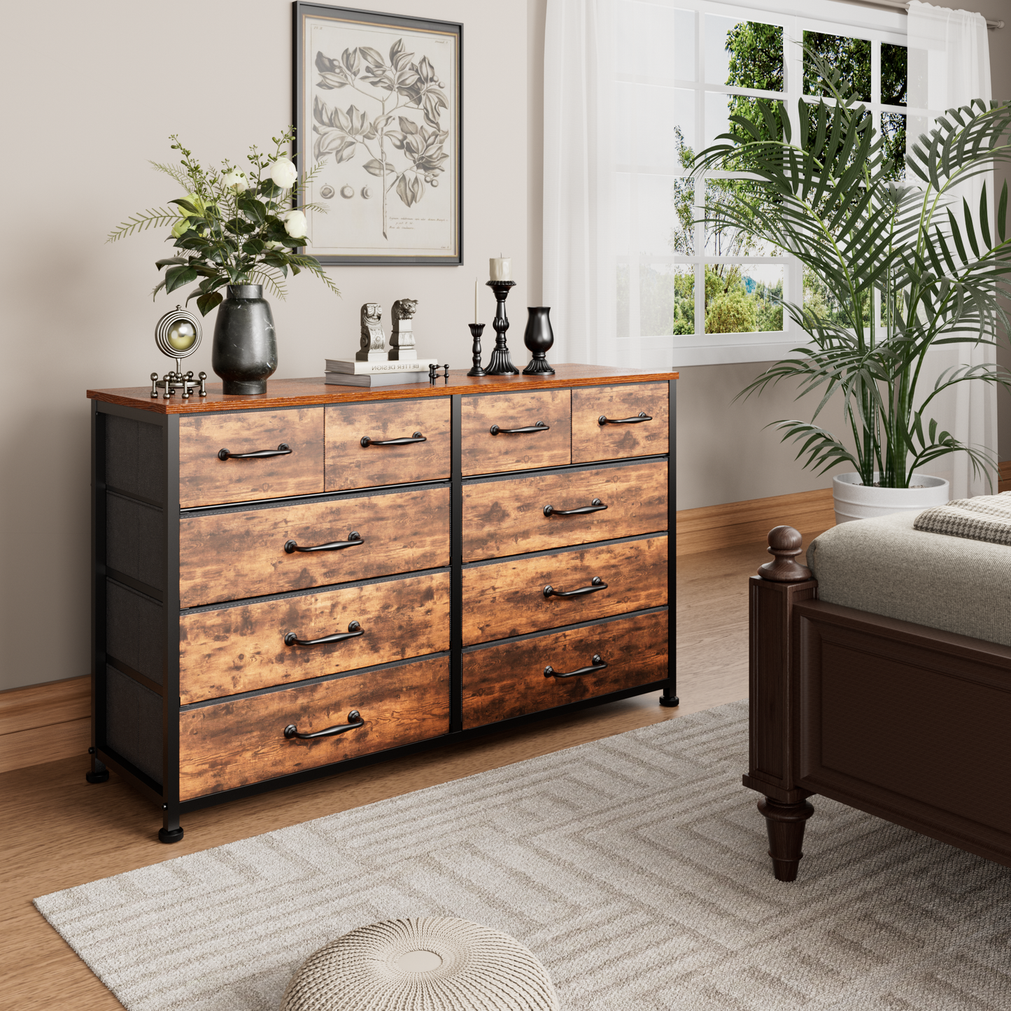 Tydimor Fabric Storage Dresser with 10 Drawers for Bedroom, Modern Wide Chest for Living Room, Rustic Brown