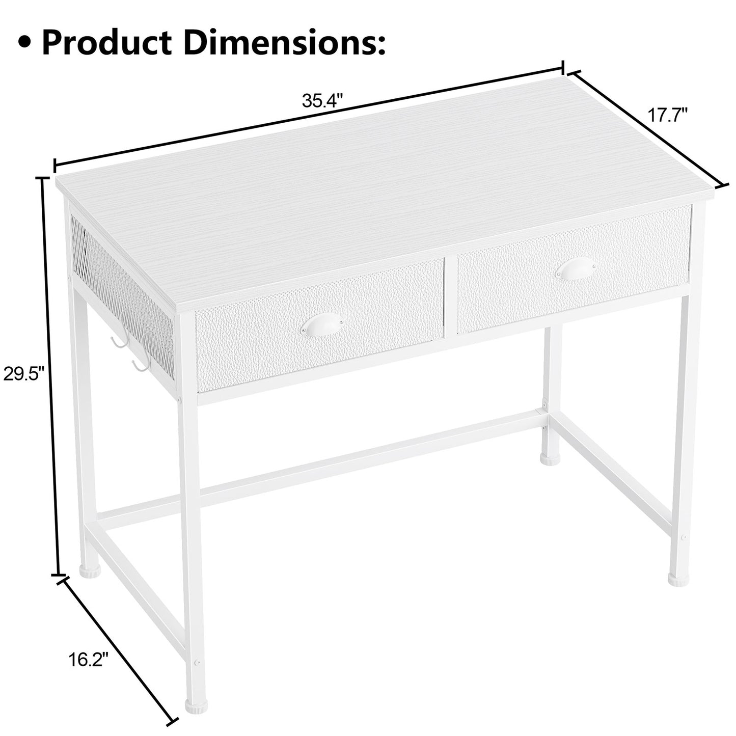 Satifur White Writing Desk with Drawers & Hooks, 34" Computer Desk with 2 Fabric Drawers
