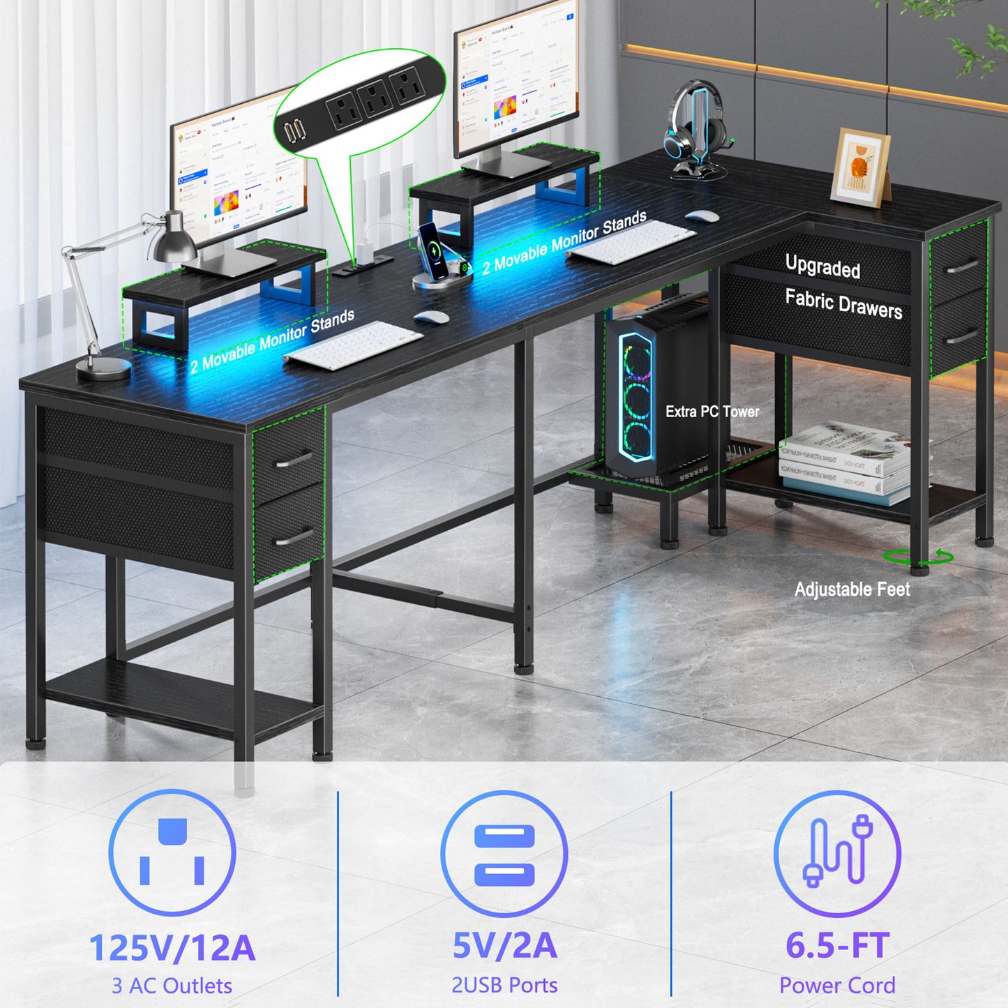 Satifur Computer Desk with Power Outlet & LED Light, Home Office Writting Desk for 2 Person 93" with Drawers & Monitor Stands, Black