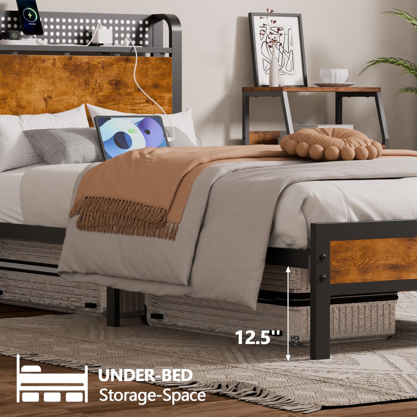 Tydimor Full RGB LED Strip Platforrm Bed Frames with Headboard Metal, Storage Shelves & Underbed, Niose Free, No Box Spring Needed