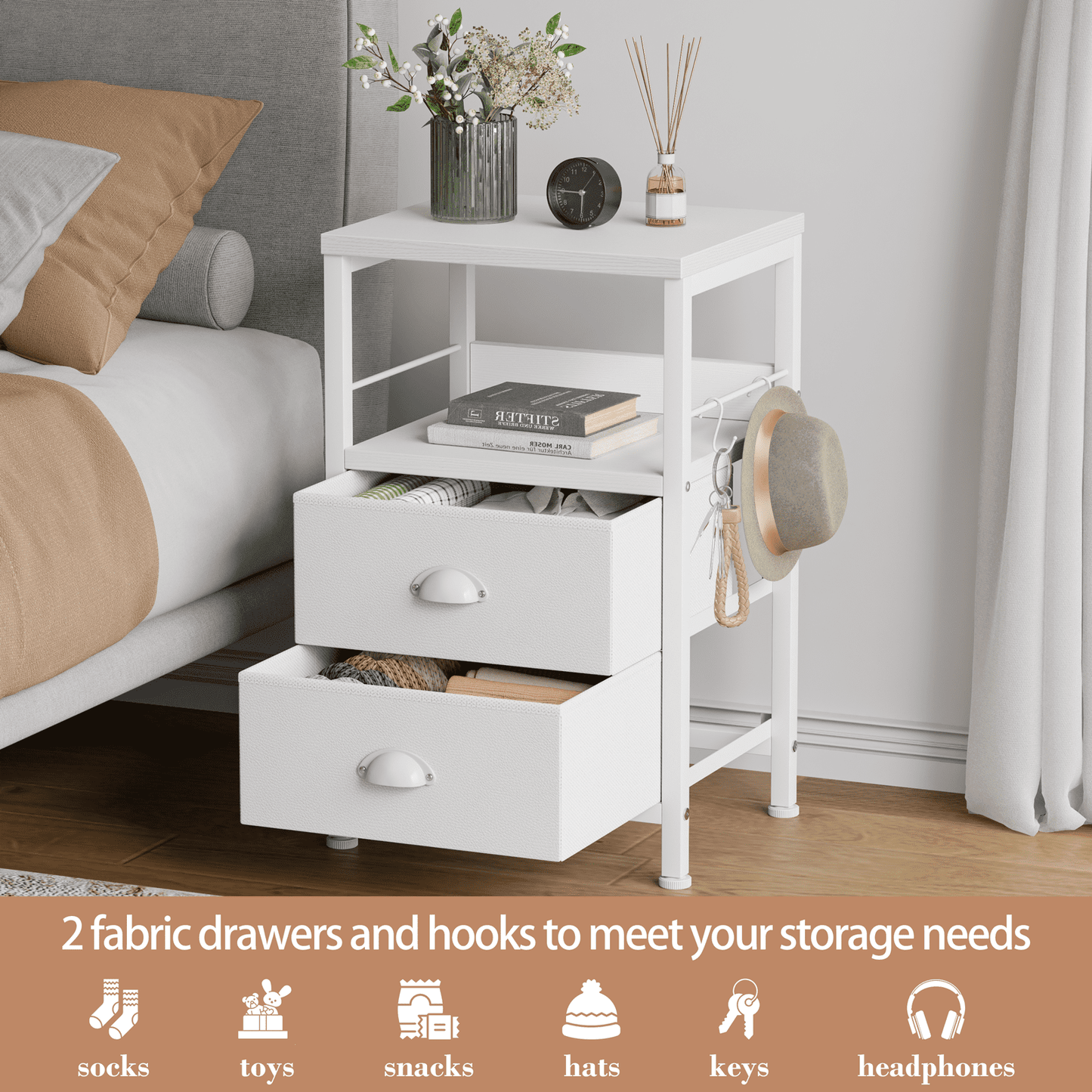 Satifur Nightstand with Drawers & Shelf,Set of 2 Bedside End Table for Bedroom,White