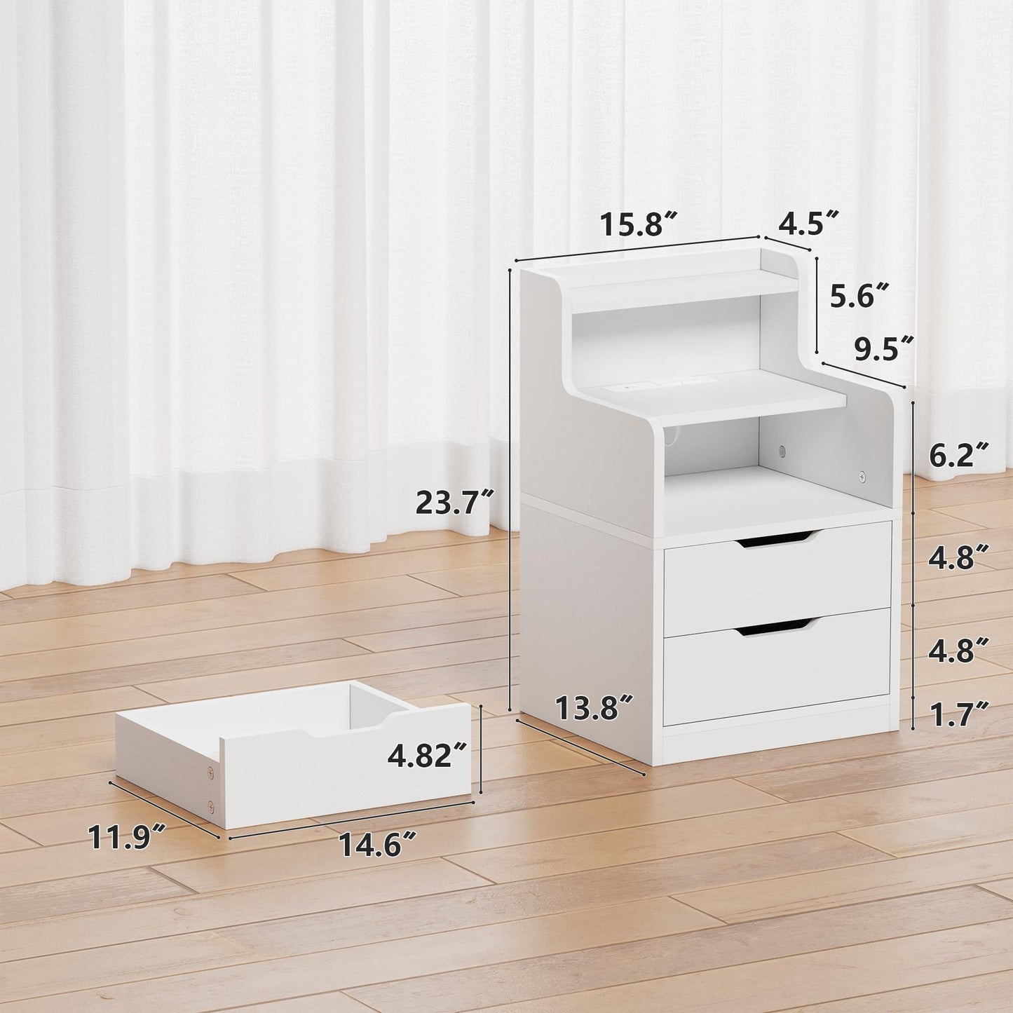 Satifur White Nightstand with Charging Station,LED Nightstand with 2 Drawers Bed Side Table,White