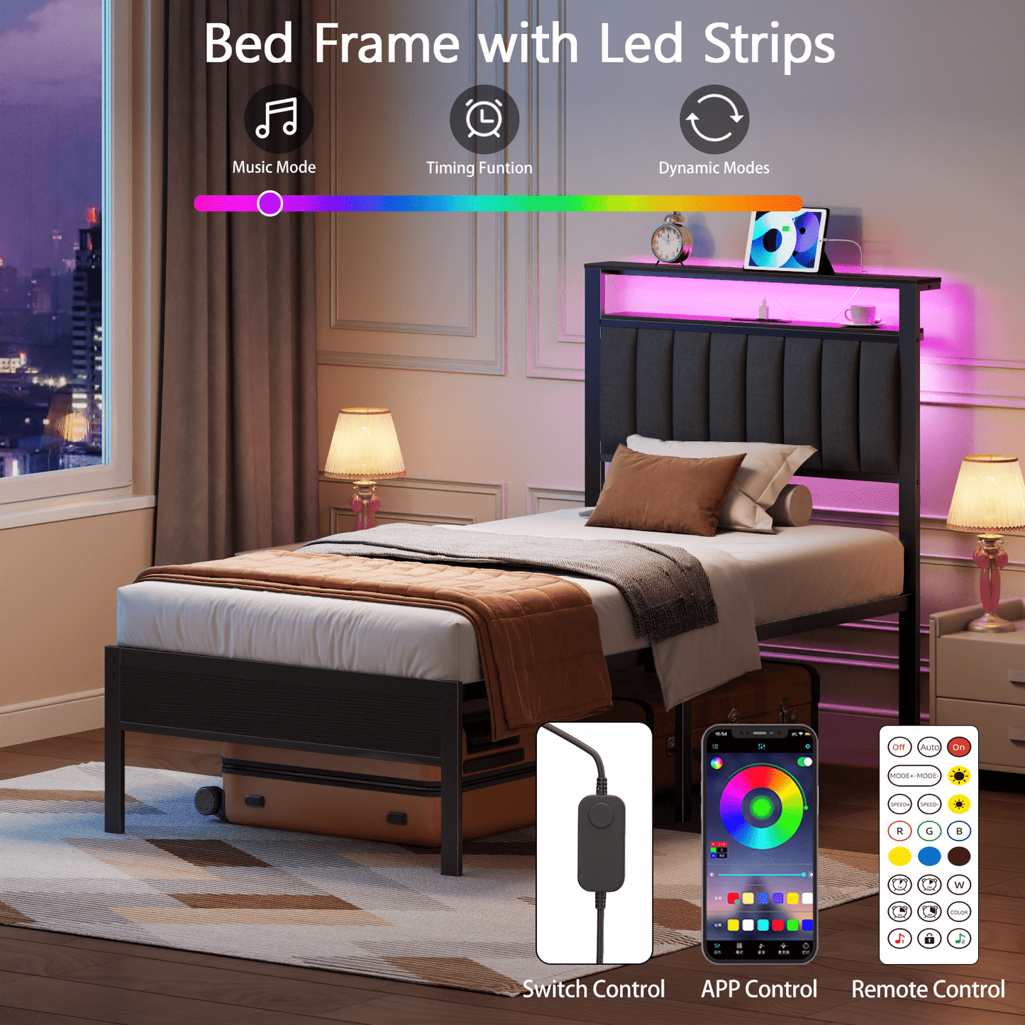 Satifur Twin LED Bed Frame with Smart RGB Lights, Headboard Charging Station, Versatile Storage Solution, Comfortable Upholstered Backrest, No Box Spring Needed