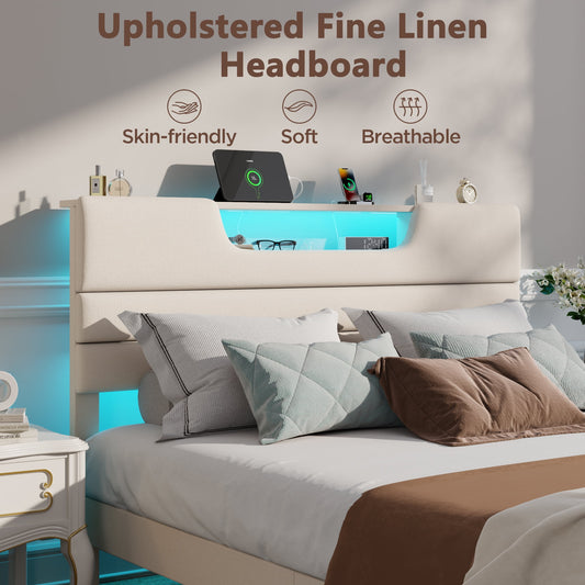 Tydimor Beige Fine Linen Fabric Bed Frame with Upholstered Headboard & Charge Station, Twin Size Bed Frame with LED Lights, No Box Spring Needed