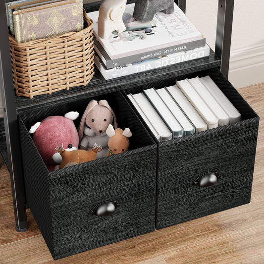 Satifur 5 Tier Black Bookshelf with 2 Removable Drawers, Freestanding Storage Shelf, Adjustable Feet & Anti-Tip Design, Waterproof Shelves for Living Room, Home Office