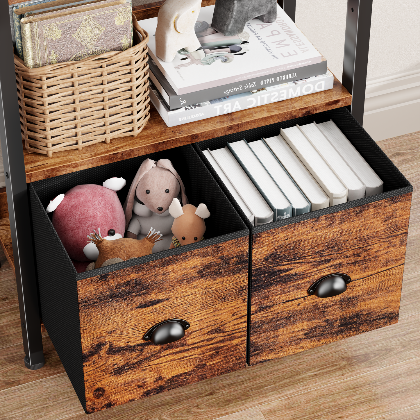 Iezza 5 Tier Rustic Brown Industrial Bookcase, Tall Storage Organizer with Detachable Drawers, Waterproof & Easy Clean Shelving for Bedroom, Kitchen, Entryway
