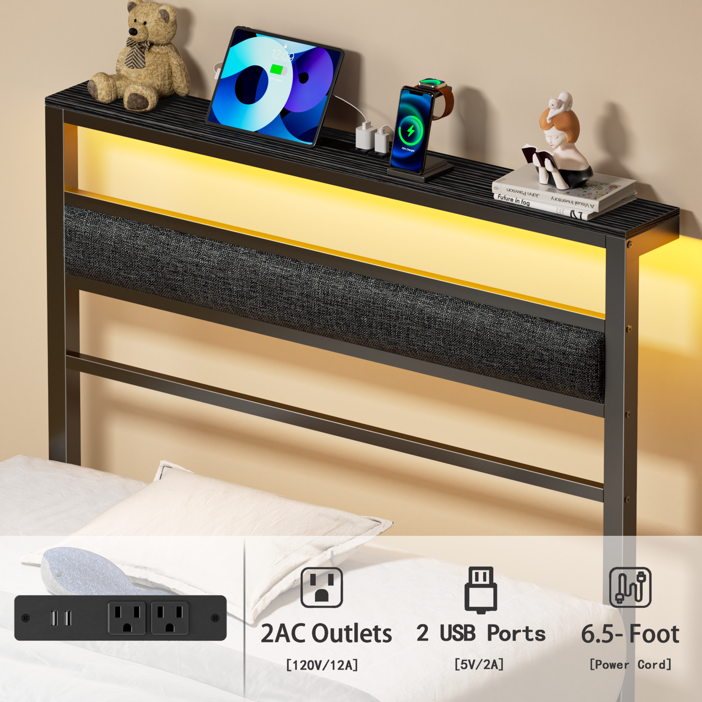 Satifur Twin Size Bed Frame with Upholstered Headboard & Shelf, LED Lights & USB Charging Station, Metal Black