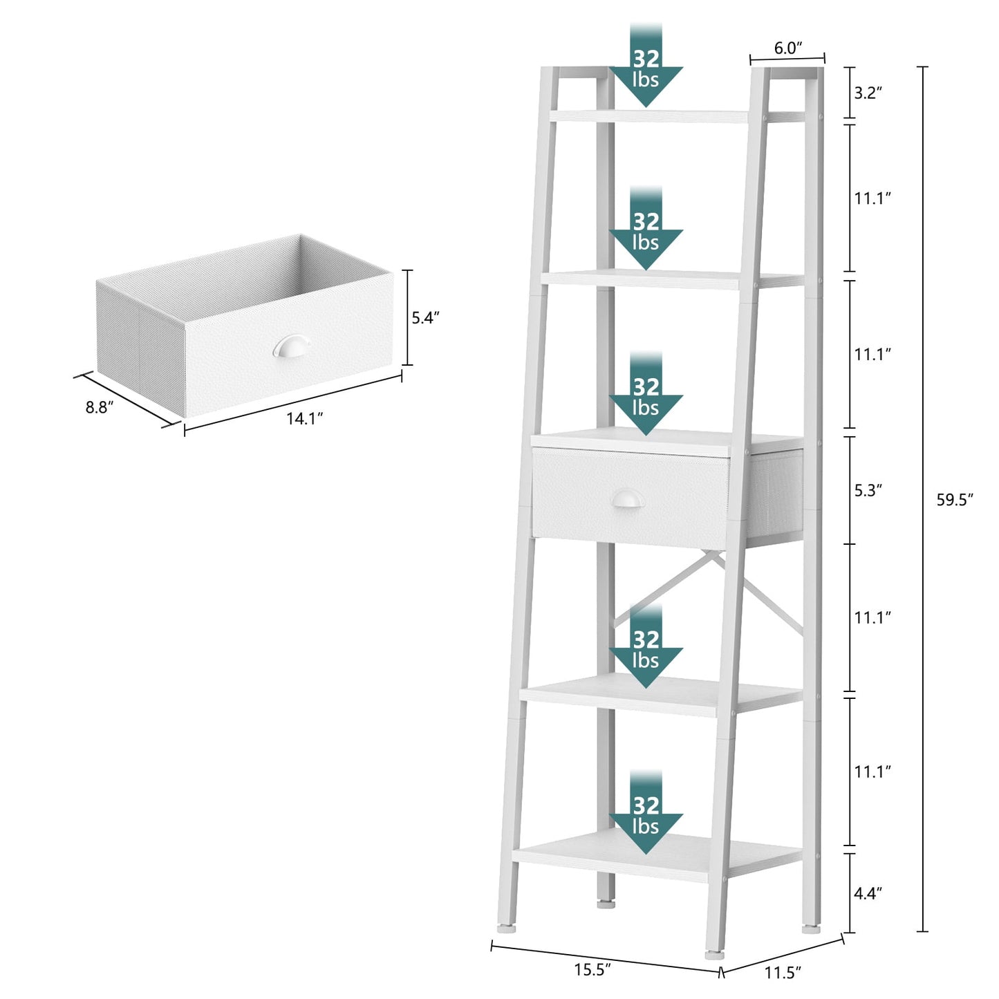 Tydimor 5-Tier 59.5" Ladder Bookshelf with Removable Drawers Narrow Bookcase for Living Room,White