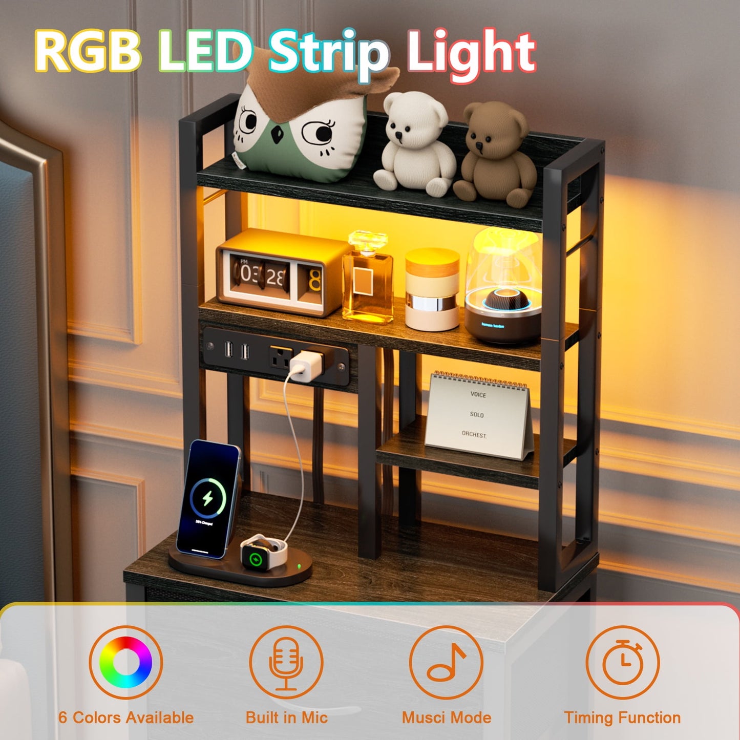 Satifur Tall Nightstand with Charging Station and LED Lights, Bedside Table with Drawers and Bookshelf, Black