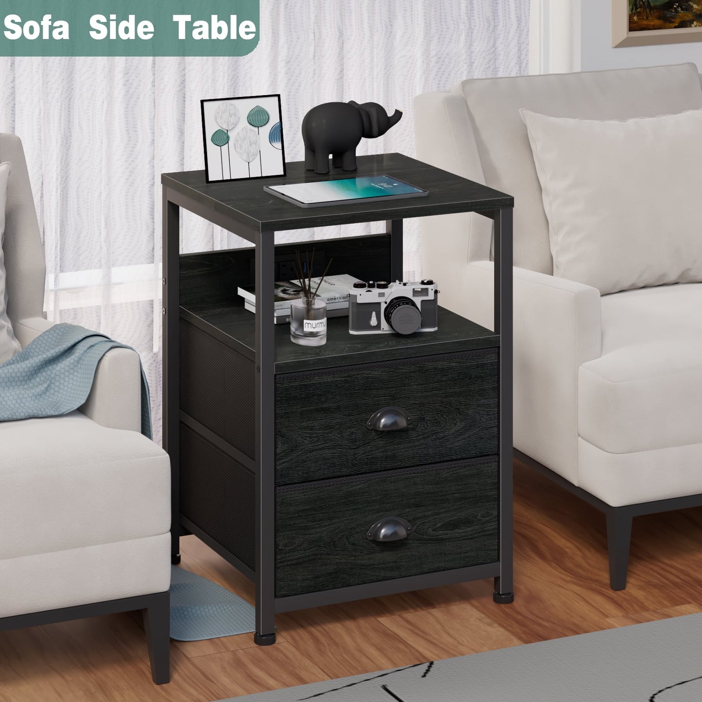 Satifur Nightstand Set of 2, Side End Table with Charging Station, Black Oak