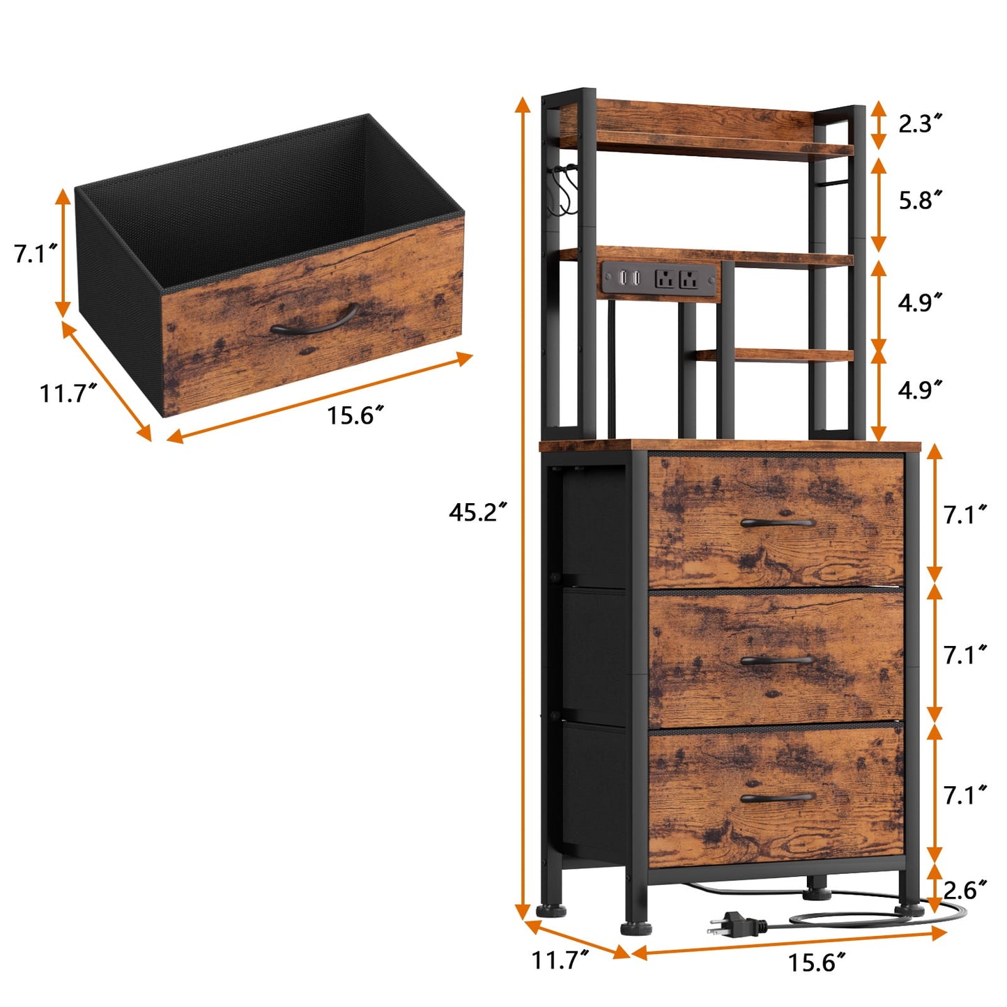 Satifur Tall Nightstand with Charging Station and LED Lights, Bedside Table with Drawers and Bookshelf, Rustic Brown