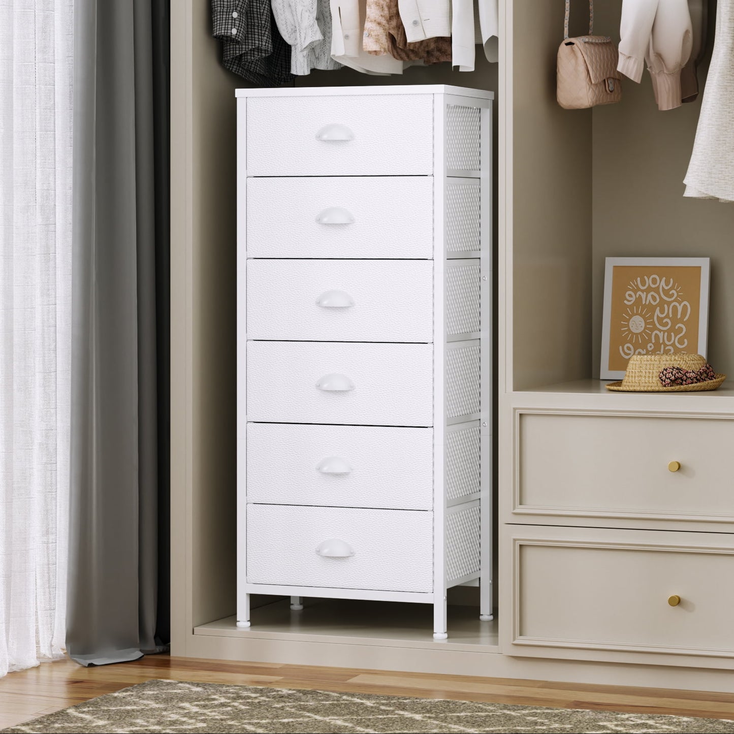 Tydimor 6 Drawer Dresser,Chest of Drawers for Bedroom Tall Fabric Dresser,White