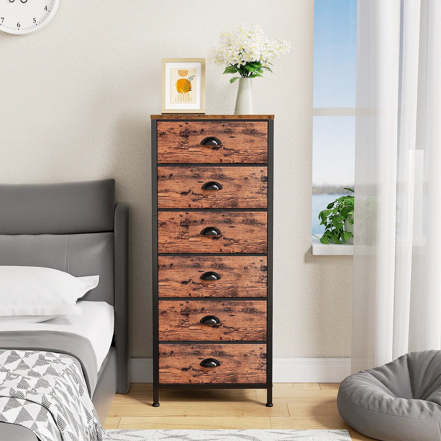 Tydimor 6 Drawer Dresser,Chest of Drawers for Bedroom Tall Fabric Dresser,Rustic Brown