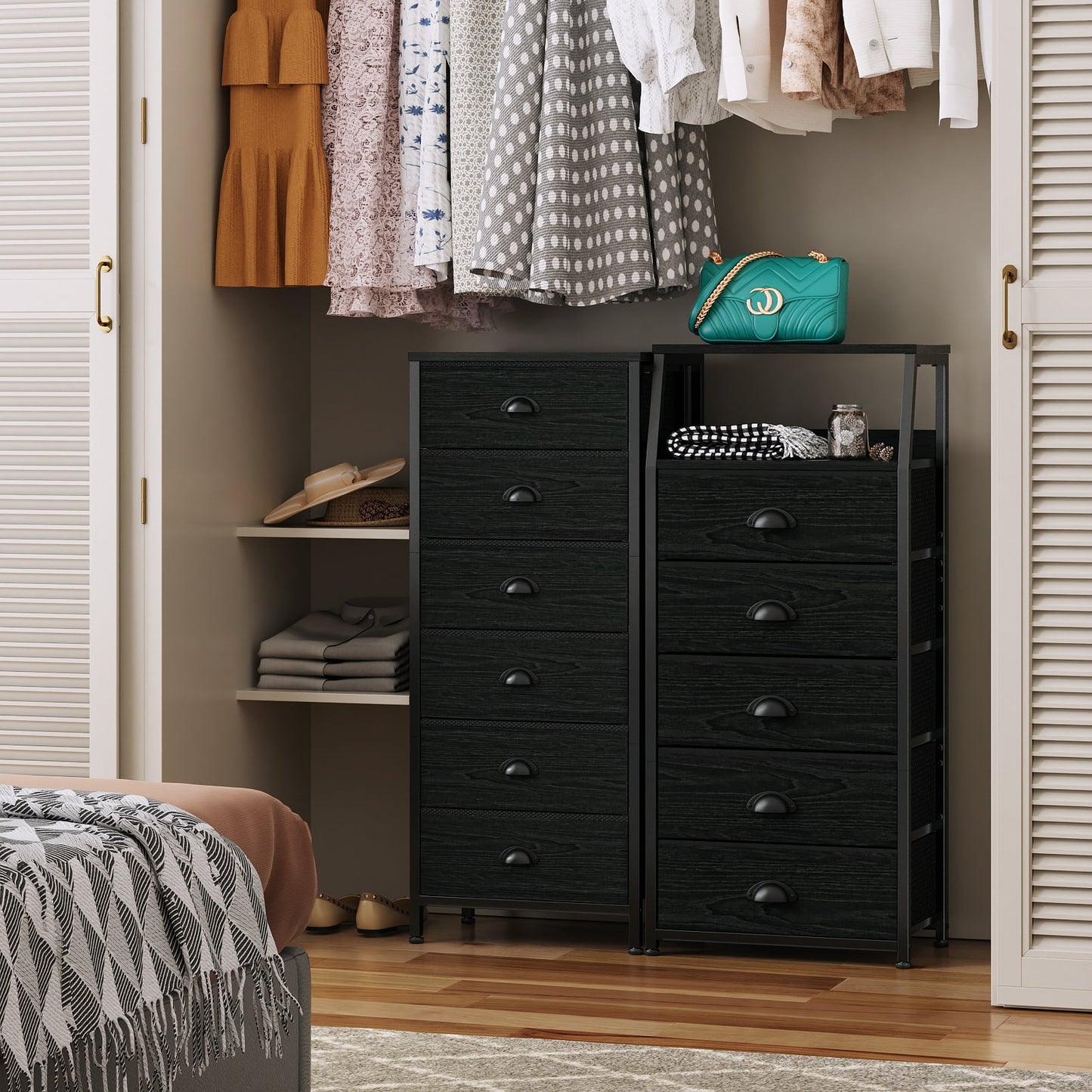 Tydimor 6 Drawer Dresser,Chest of Drawers for Bedroom Tall Fabric Dresser,Black Oak