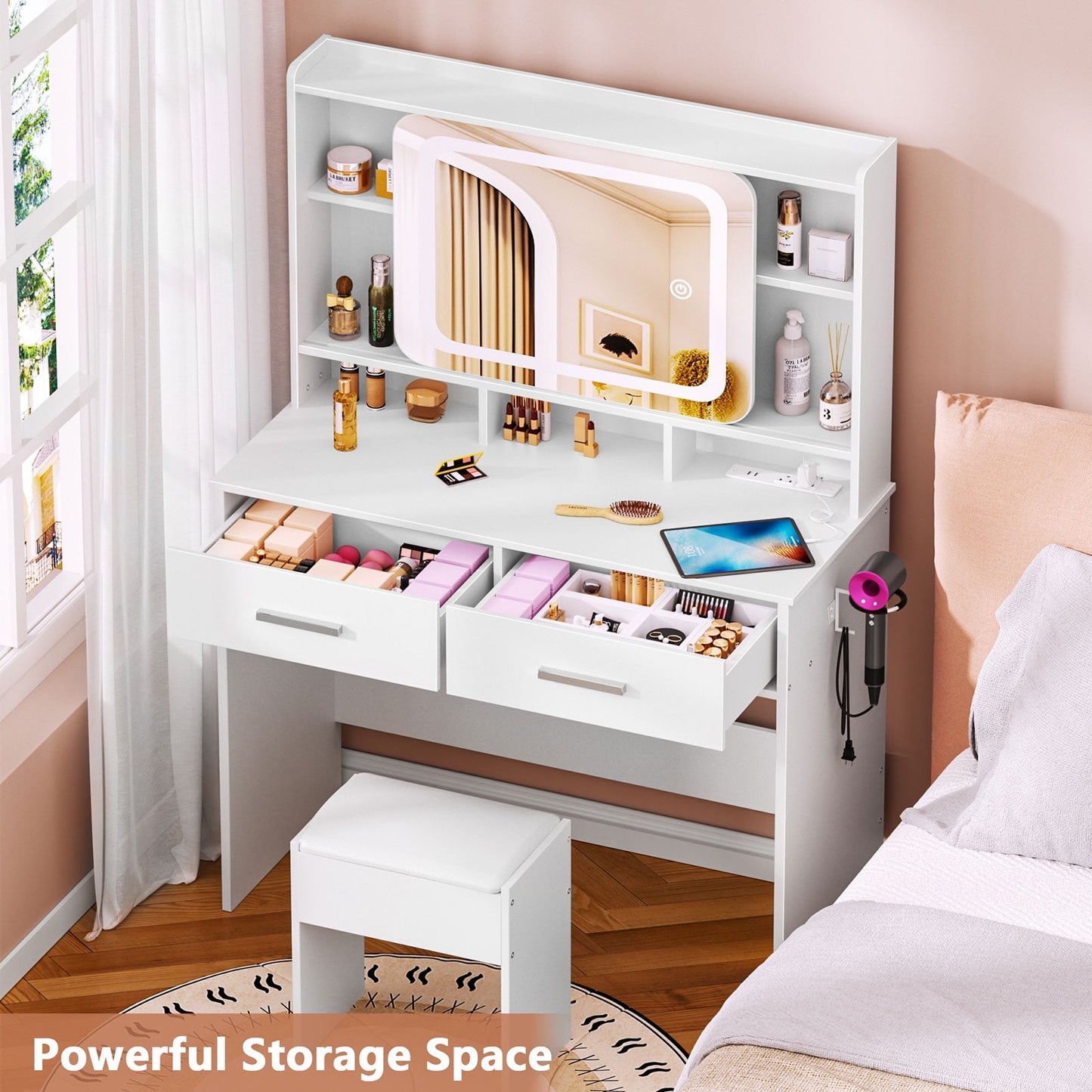 Satifur Vanity Set with Sliding Mirror & Lights, Women Dressing Table with Outlets, Makeup Vanity Desk with Drawers & Stool