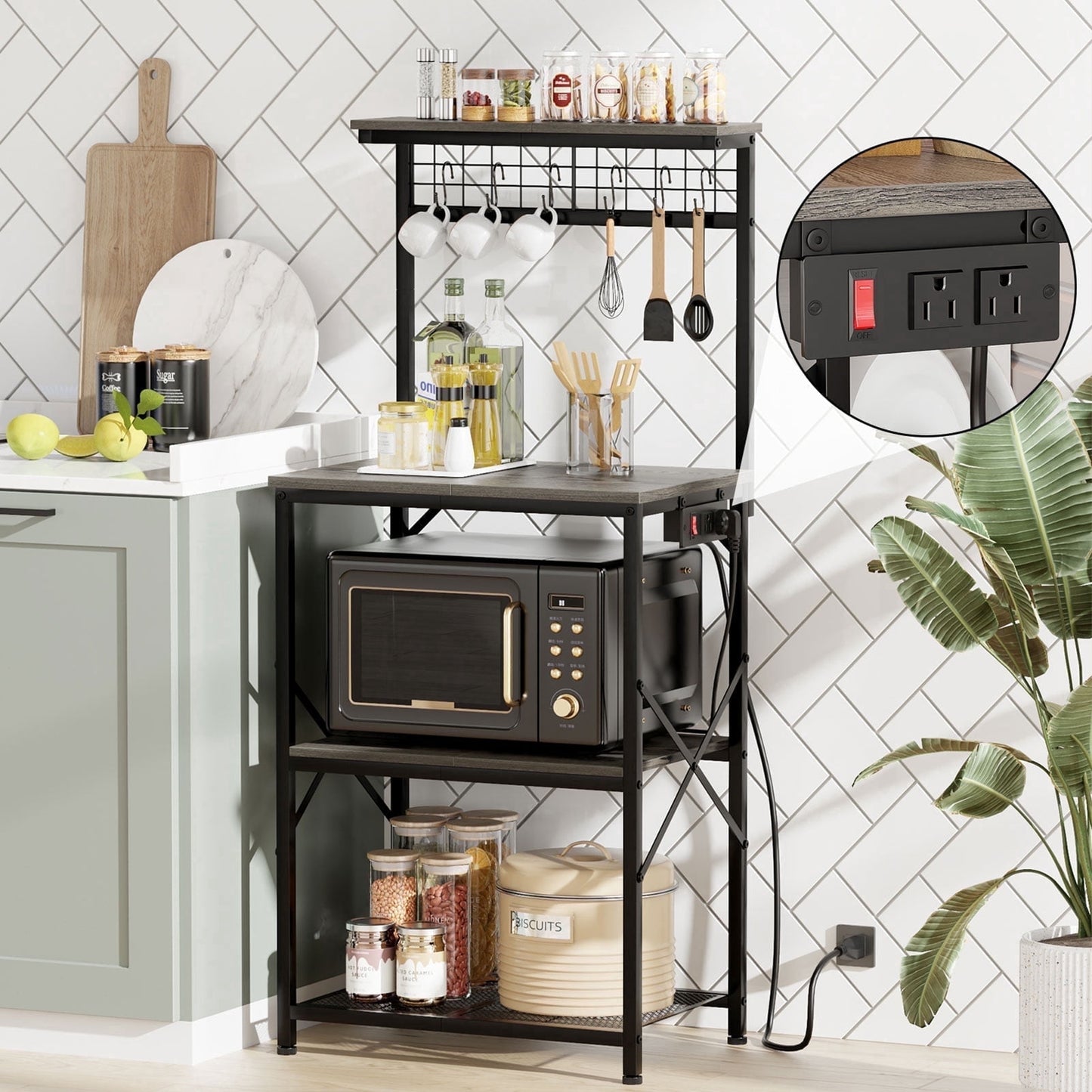 TYDIMOR Kitchen Bakers Rack with Outlets, Coffee Bar Table 4 Tiers Microwave Stand, Light Black Oak