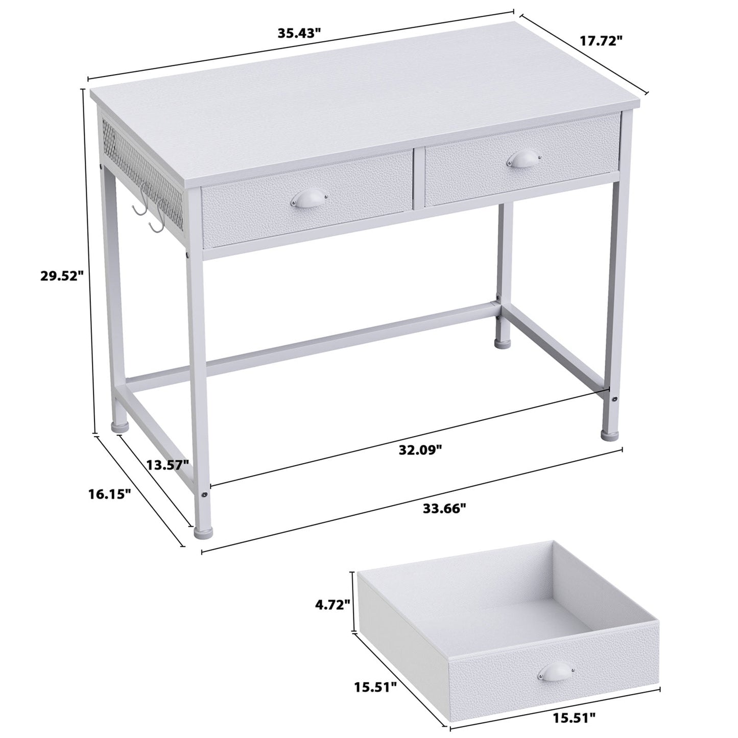 Furologee Computer Desk with 2 Fabric Drawers, Home Office Writing Desk, Vanity Desk with Hooks, Study Desk for Small Spaces, Makeup Dressing Table, White
