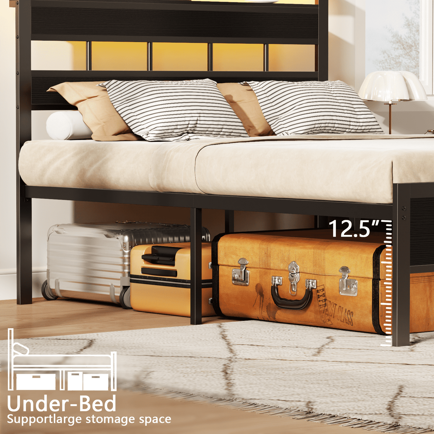 Tydimor Upholstered Underbed Storage Bed Frames with Charging Station£¬LED Queen Size Bed Frame with Storage Shelves, Niose Free