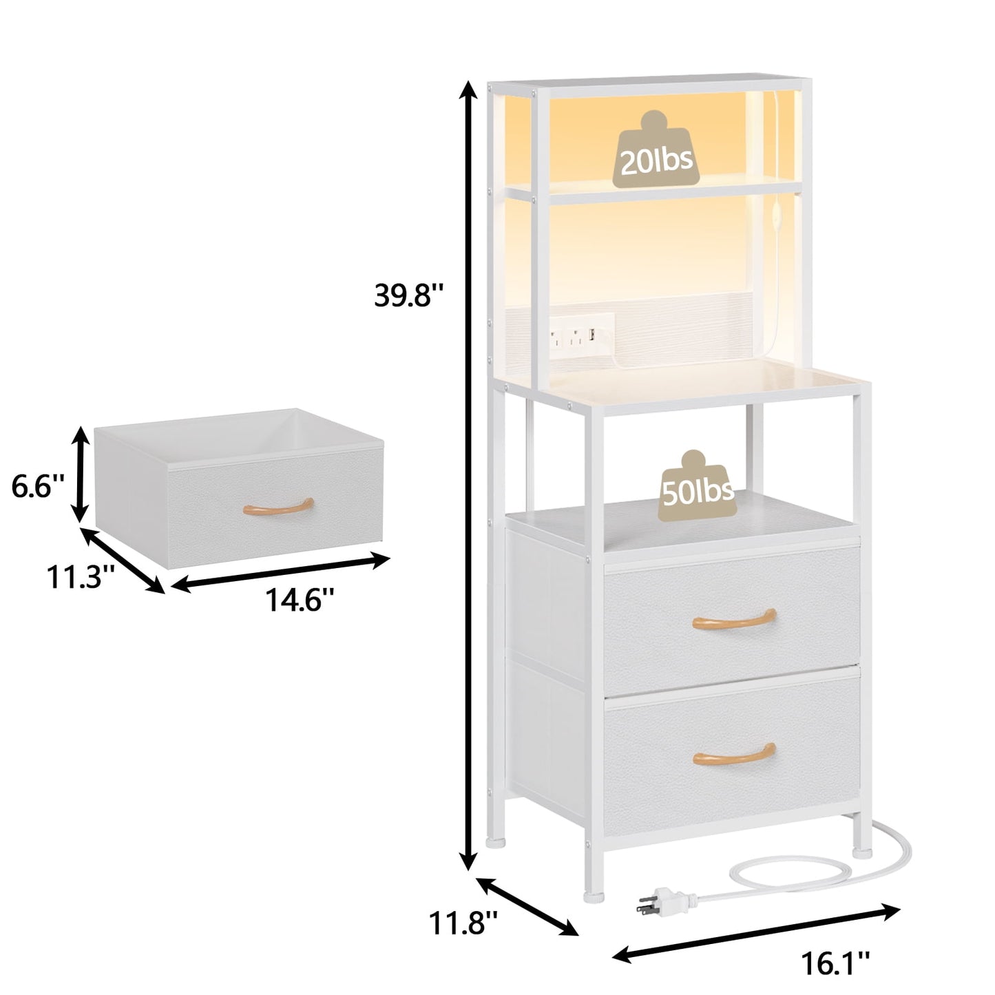Satifur Tall LED Nightstand,Bedside Table with Charging Station,2 Fabric Drawers & Shelfs for Bedroom Living Room,White