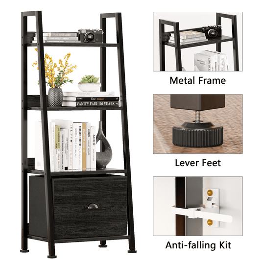Tydimor 4-Tier Ladder Bookshelf With Drawer, Leaning Bookcase Storage Display Shelf, Black Oak