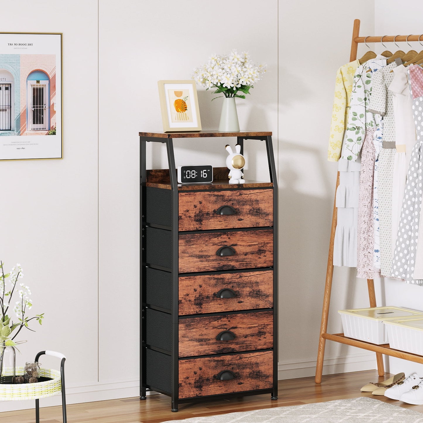 TYDIMOR Fabric Dresser for Bedroom, 5 Drawer Chest of Drawers, Browun, Ideal for Adults
