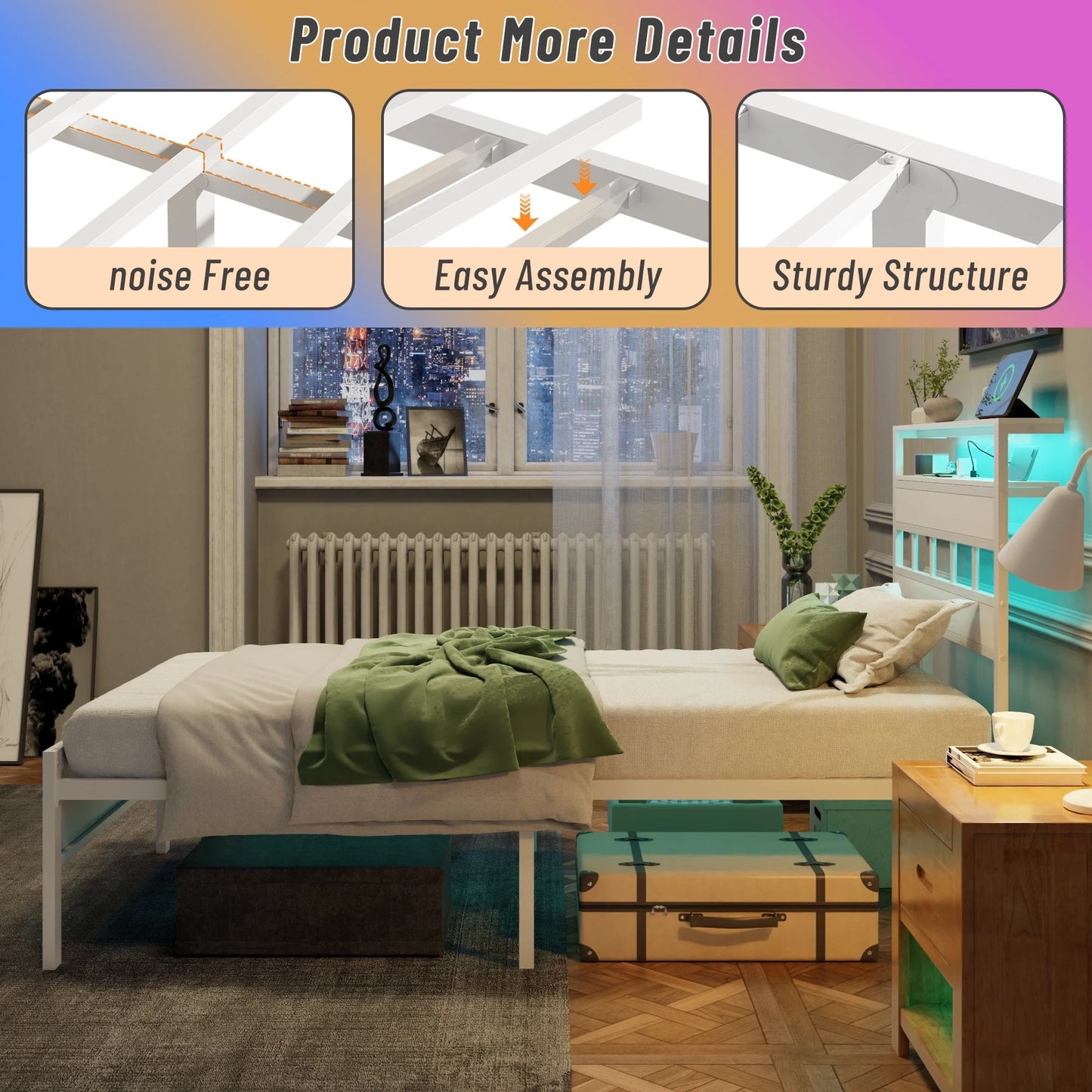 Satifur Twin Bed Frames with Charging Station and LED Lights, Twin Size Platform Bed with Wood Headboard & 2-Tier Storage Shelves, No Box Spring Needed, White