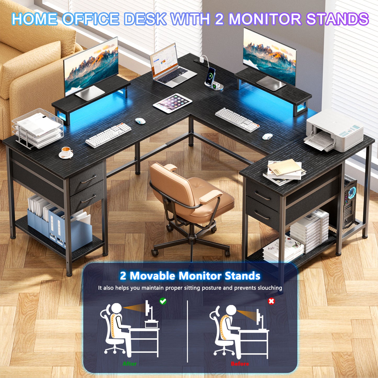 Satifur Computer Desk with Power Outlet & LED Light, Home Office Writting Desk for 2 Person 93" with Drawers & Monitor Stands, Black