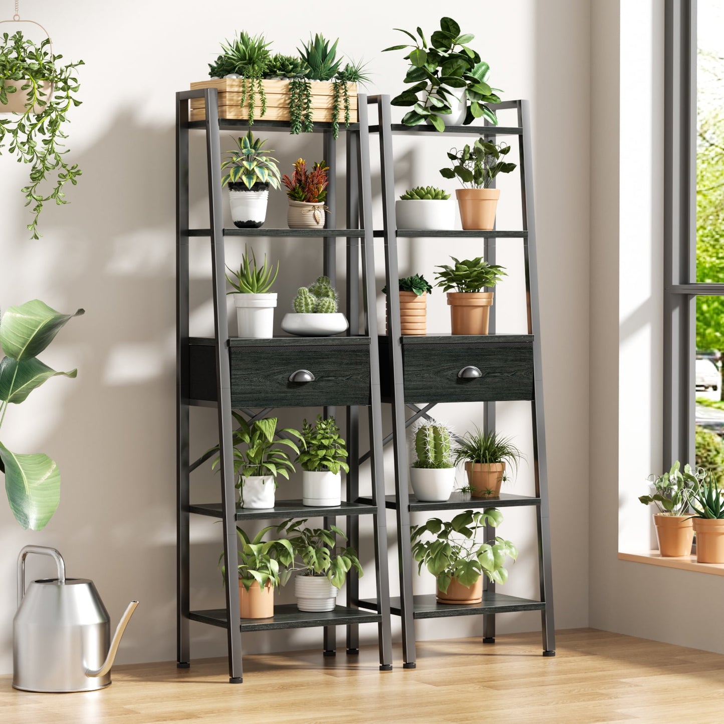 Tydimor 5-Tier 59.5" Ladder Bookshelf with Removable Drawers Narrow Bookcase for Living Room,Black Oak