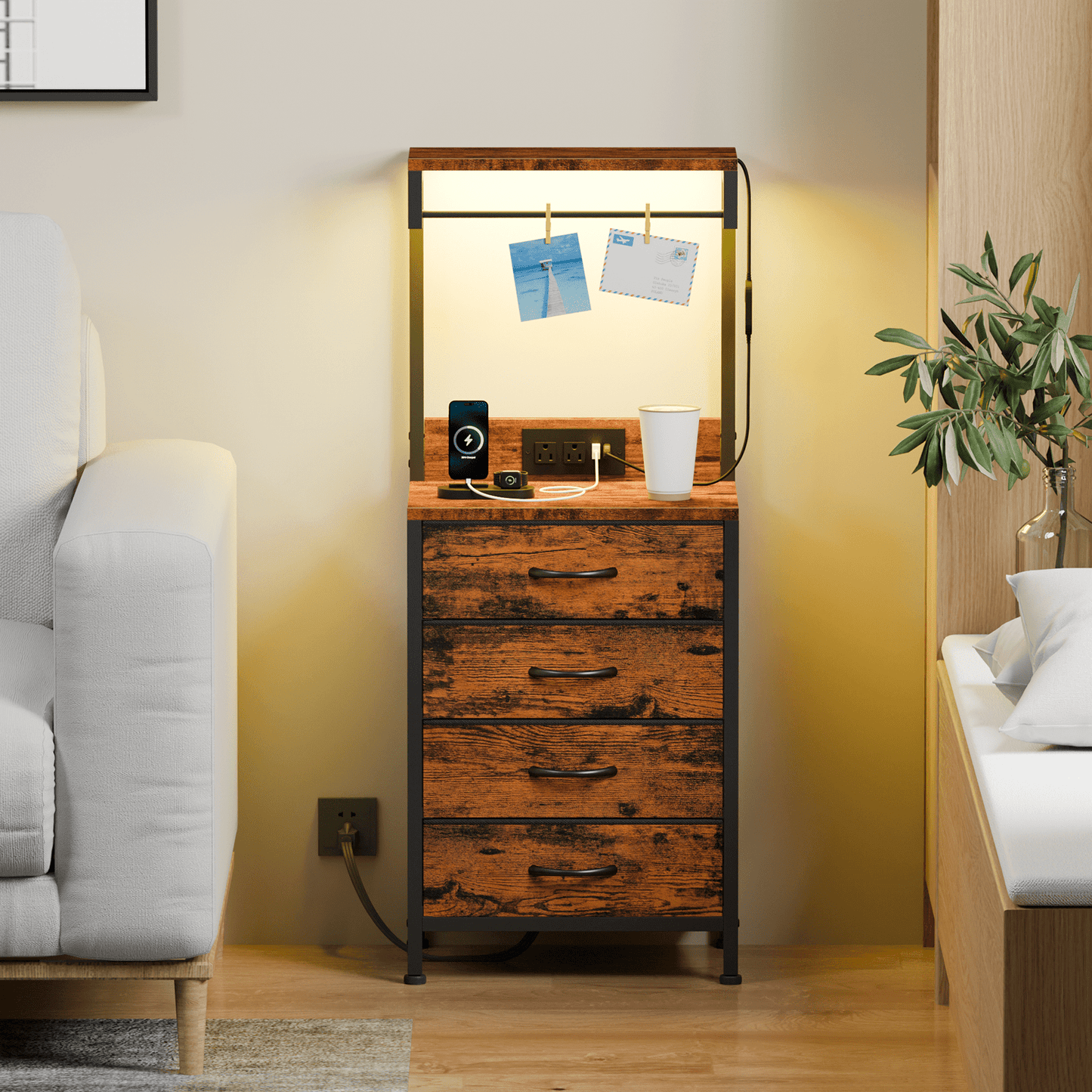 Satifur Tall Nightstand with Charging Station and Drawers, Bedside Table with 4 Fabric Drawers, LED Lights, and 2 Storage Shelves, Rustic Brown
