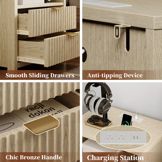 Satifur Modern Fluted Nightstand Set of 2 with Charging Station & 2 Storage Drawer for Bedroom,Light Oak Grain