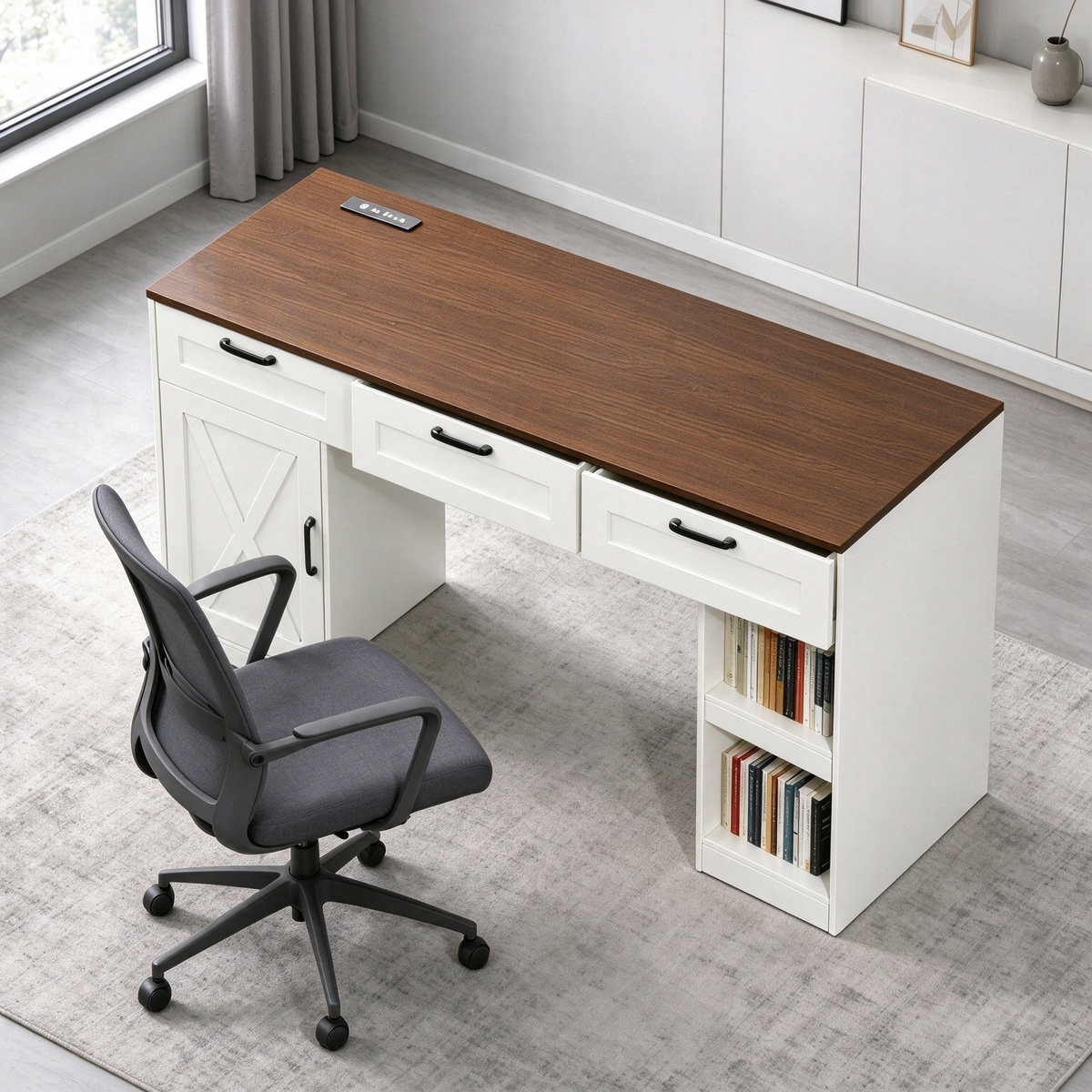 Satifur 55 inch Farmhouse Computer Desk with Power Outlet, Home Office Desk with 3 Drawers & Storage Cabinet, Walnut Brown and White