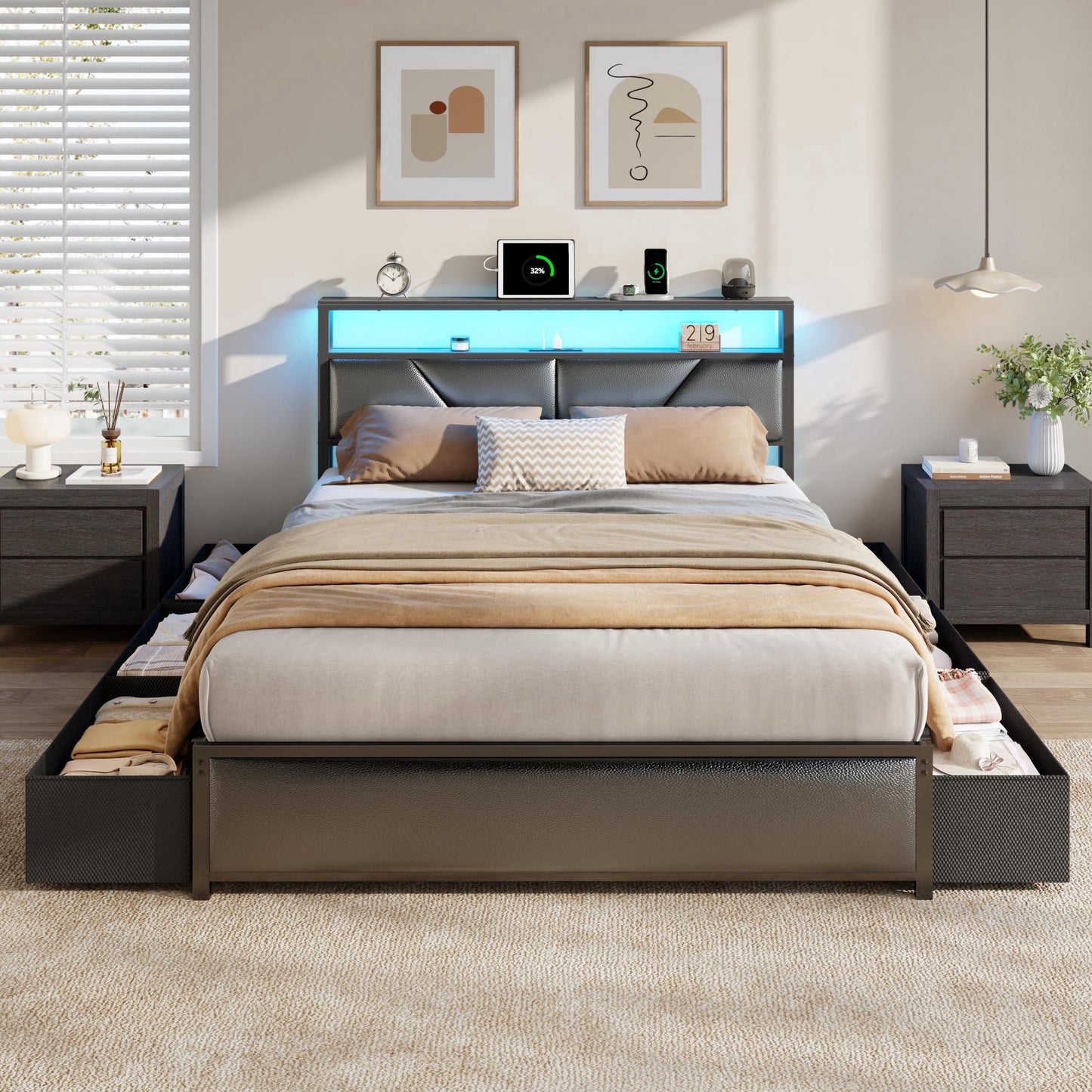 Satifur Queen Bed Frame with 6 Storage Drawers, Metal Platform Bed Frame with 2-Tier Storage Upholstered Headboard & LED, Built in Charging Station, Noise-Free, No Box Spring Needed, Black