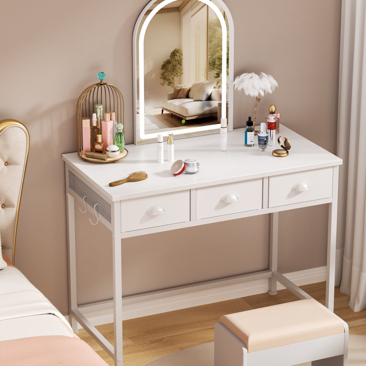 Satifur White Desk with Drawers & Hooks, Computer Writing Desk with 3 Fabric Drawers for Bedroom, Home Office