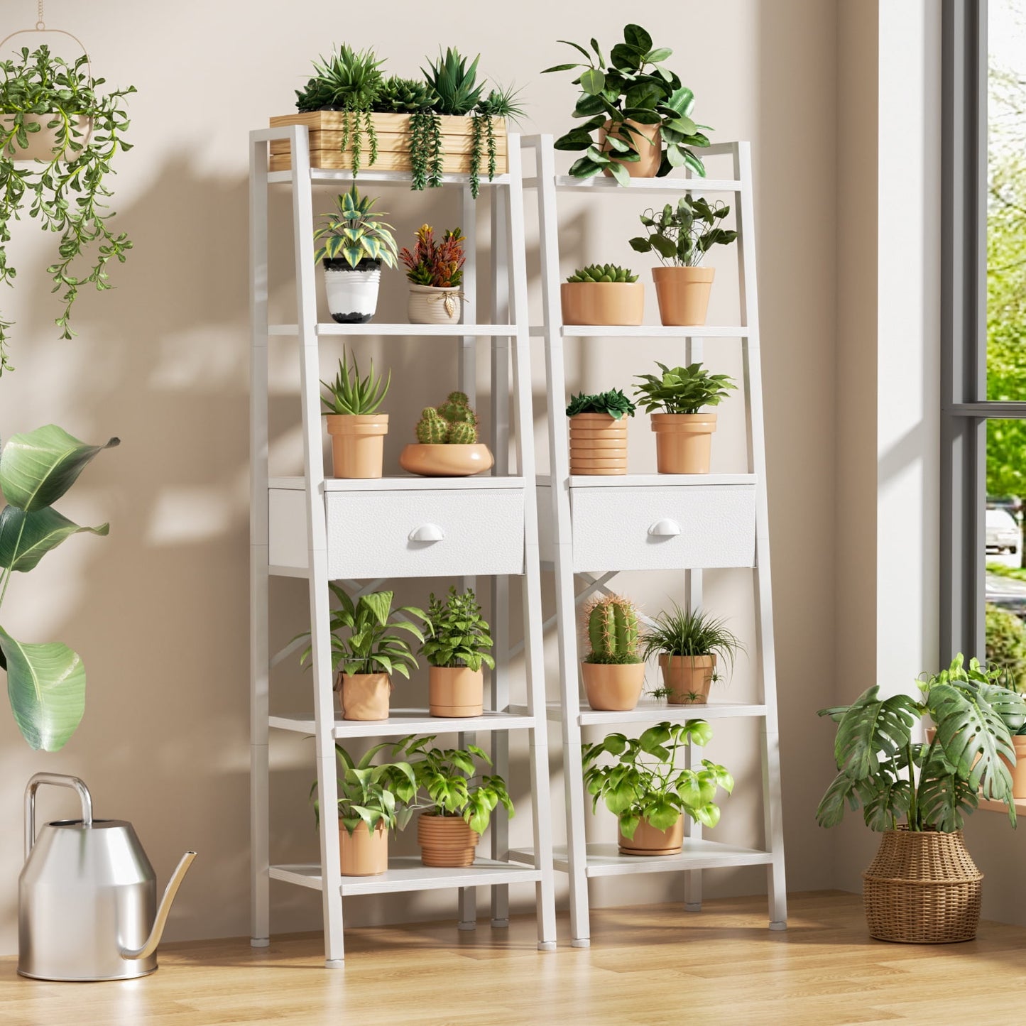 Tydimor 5-Tier 59.5" Ladder Bookshelf with Removable Drawers Narrow Bookcase for Living Room,White