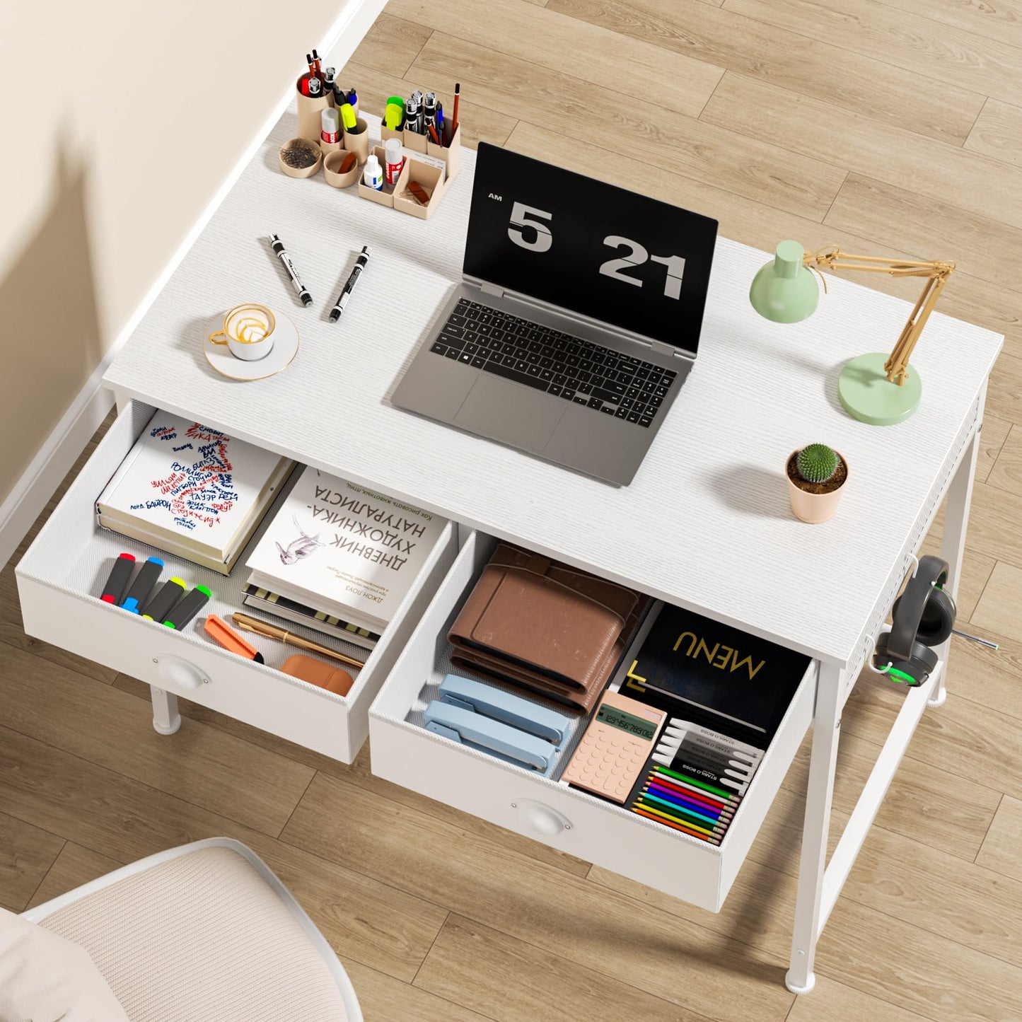 Satifur Vanity Desk Without Mirror, Makeup Vanity with Drawers & Hooks for Bedroom, Simple Home Office Computer Desk for Small Spaces, White