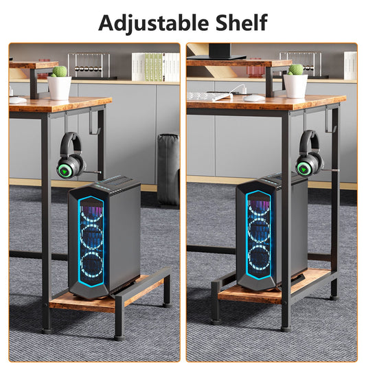 Satifur Office Desk with Drawers & Charging Station, Gaming Desk with Movable Monitor Stands, Corner Desk with Storage Shelves & File Cabinet, Rustic Brown