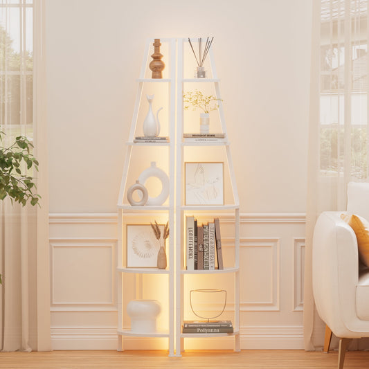 Satifur Corner Shelf Space Saving Freestanding Bookcase with LED Light Strip, Corner Bookshelf for Living Room Bedroom, White