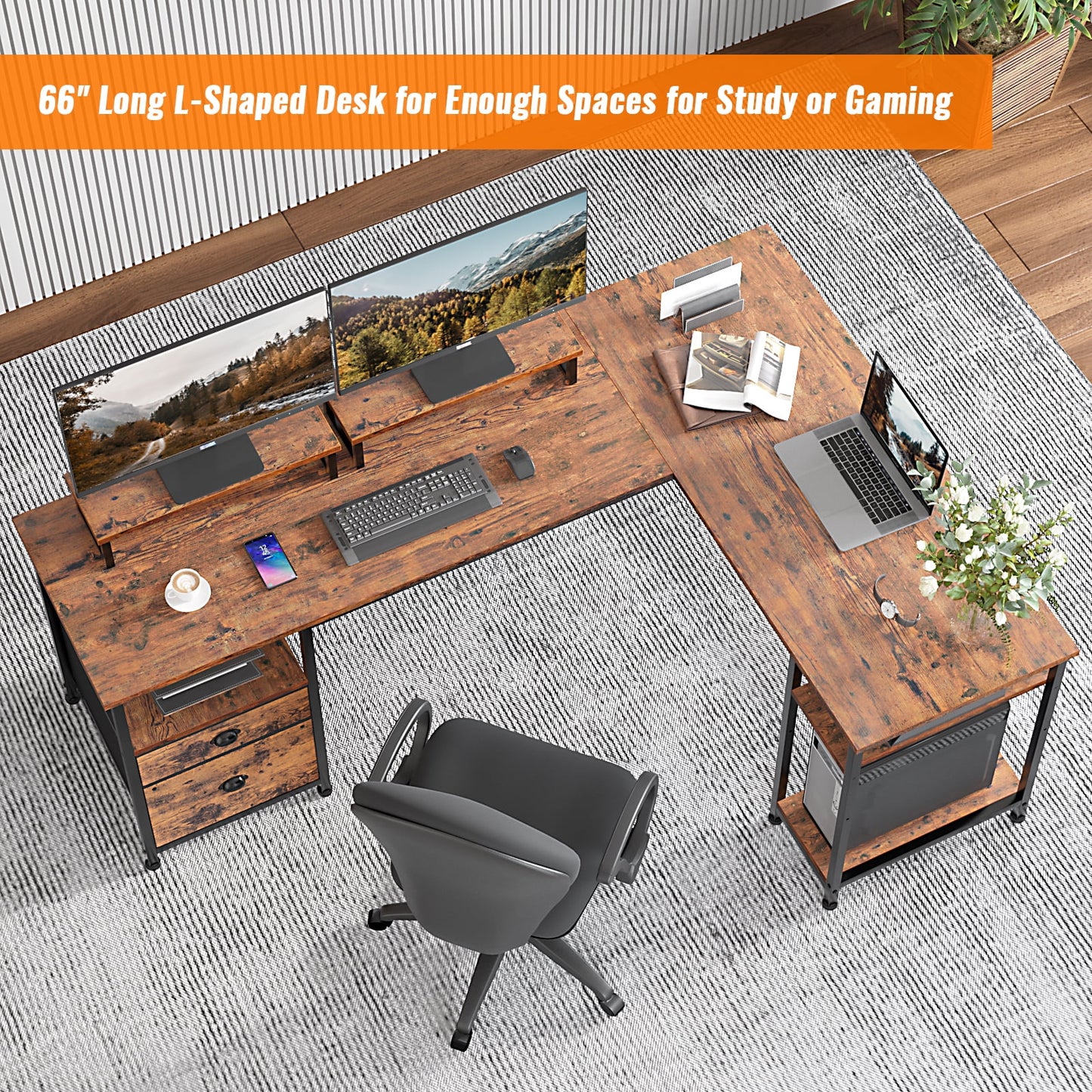 Furologee Computer Desk, Adult Collection L-Shaped MultiFuntional Rustic Desk, Rustic Brown