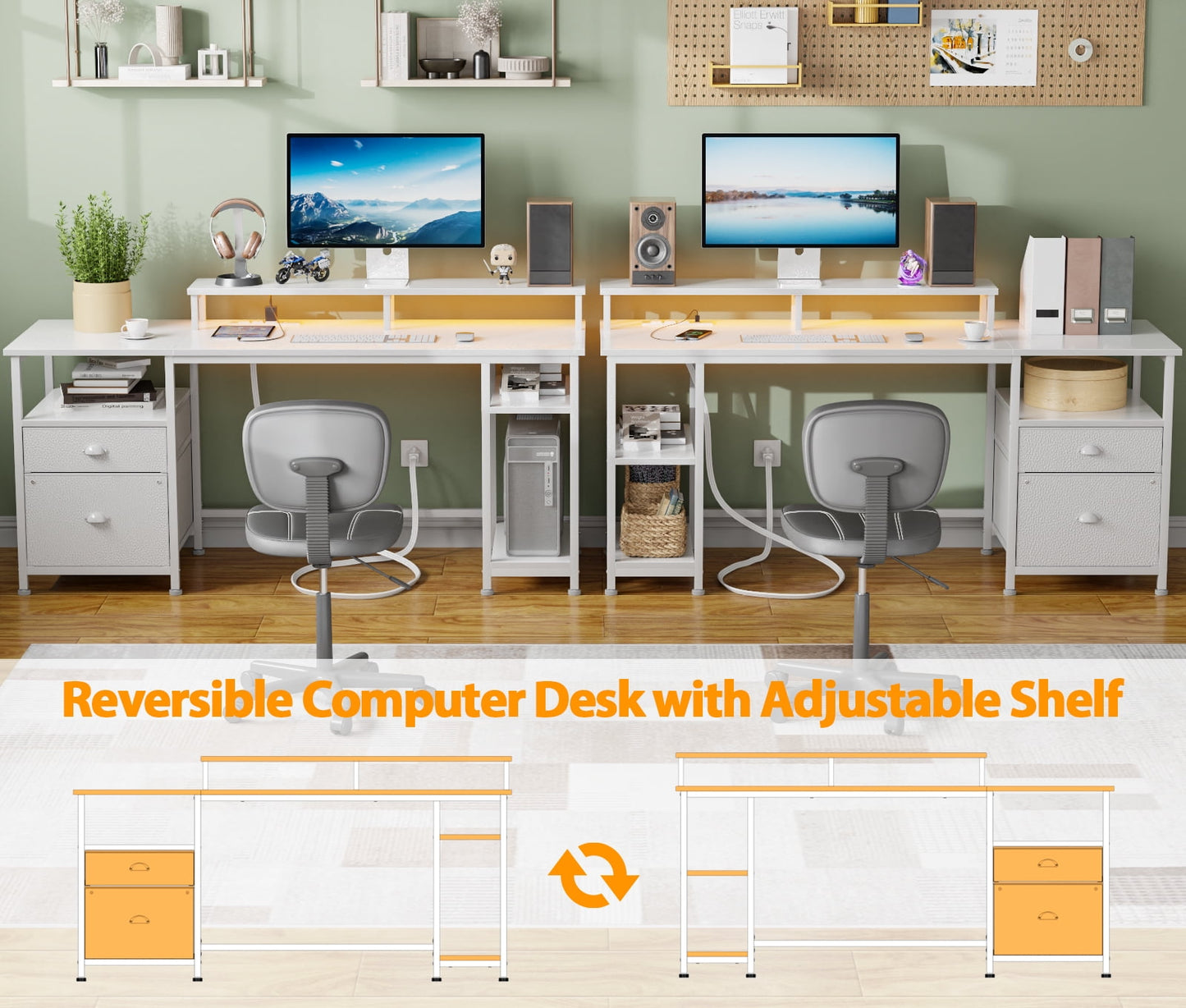 Furologee Gaming Desk with LED Light & Power Outlets, Reversible Computer Desk with File Cabinet & Drawer, White Writing Table with Dual Monitor Stand for Home/Office
